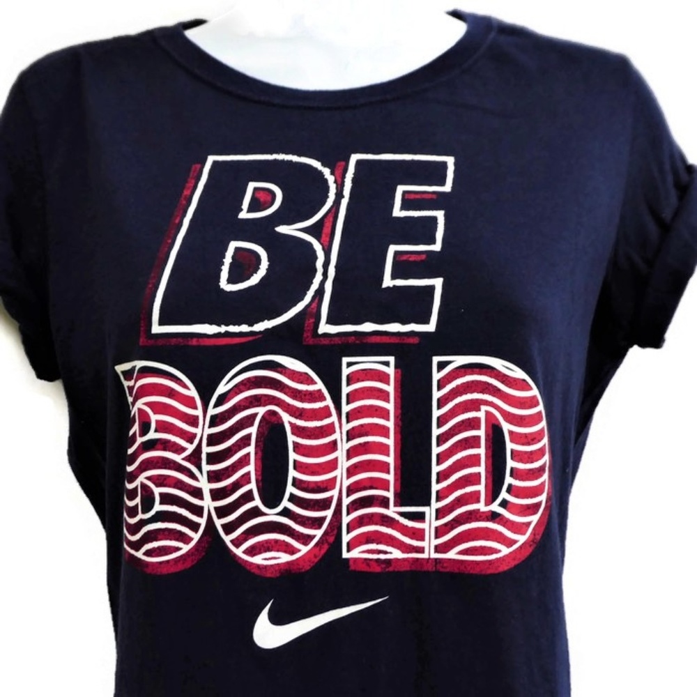 Nike Navy Blue Slim Fit Graphic Tee "Be Bold" Logo White Center Swoosh Cotton M